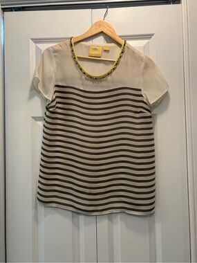 Maeve white and grey Striped Short-Sleeve Blouse with Beaded Neckline